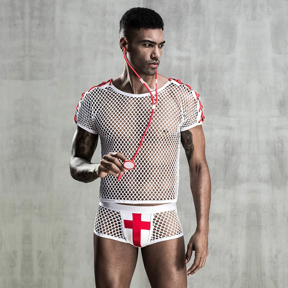 Men Alluring Doctor Uniform Mesh Lingerie Set Role Play