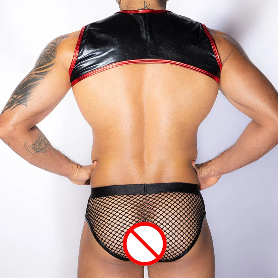 Men Leather Bodysuit & Pants Set Alluring Lingerie