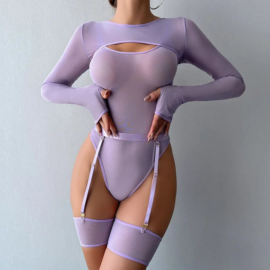 Alluring Transparent Bodysuit Open Crotch Teddy Nightgown