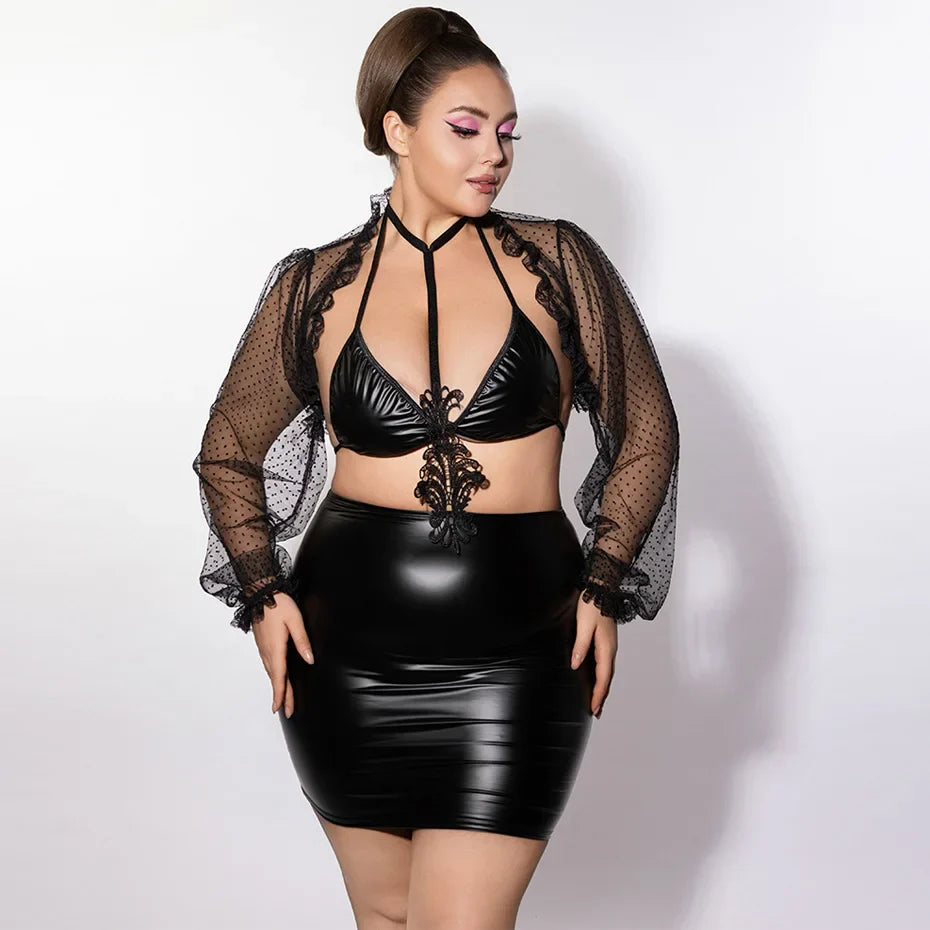 Alluring Plus Size Leather Halter Bra & Skirt Set Black