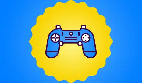 Blue video game controller icon with pink accents in a cartoon style.