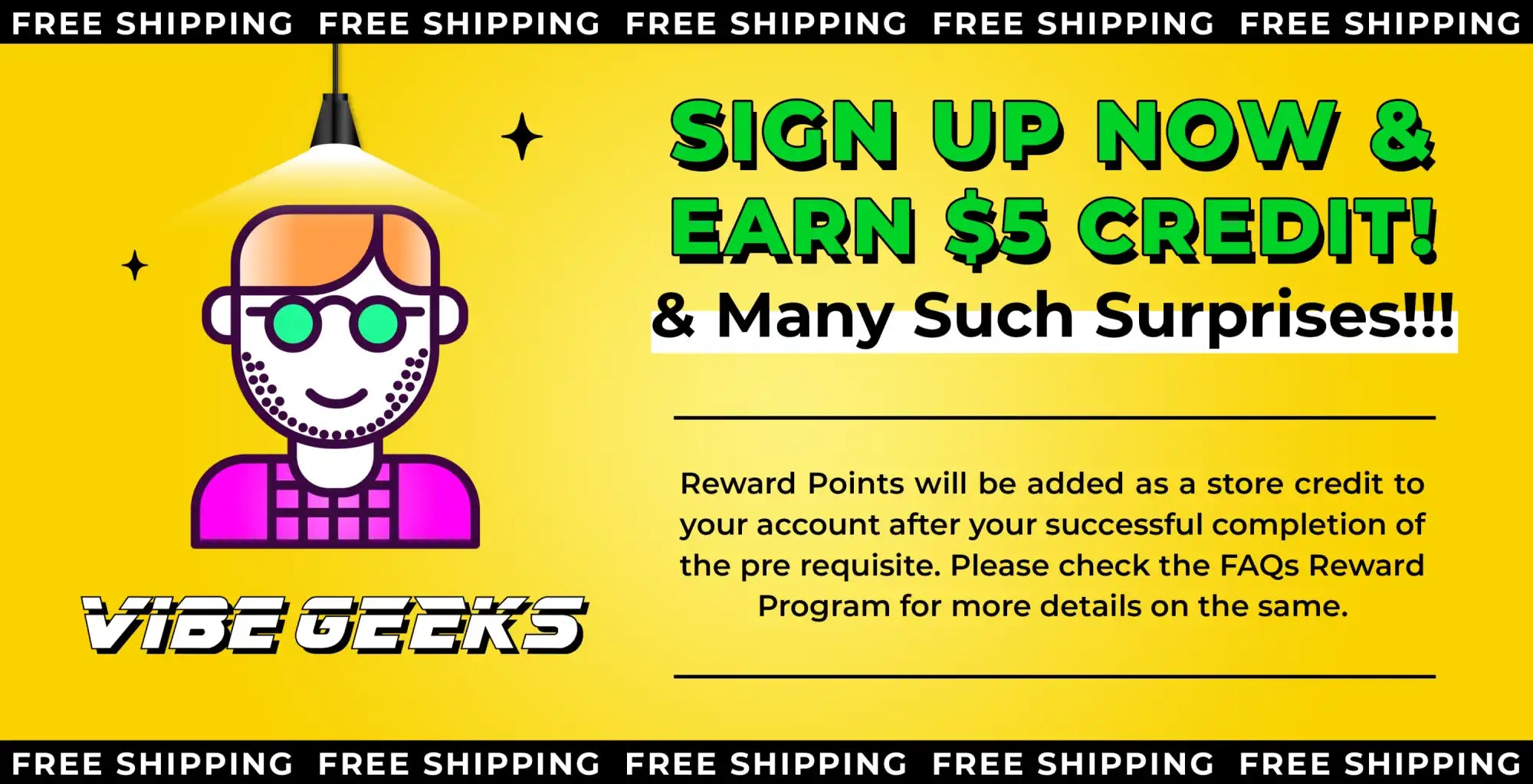 Cartoon avatar wearing sunglasses and a pink shirt with a sign-up promotion offering $5 credit and rewards.