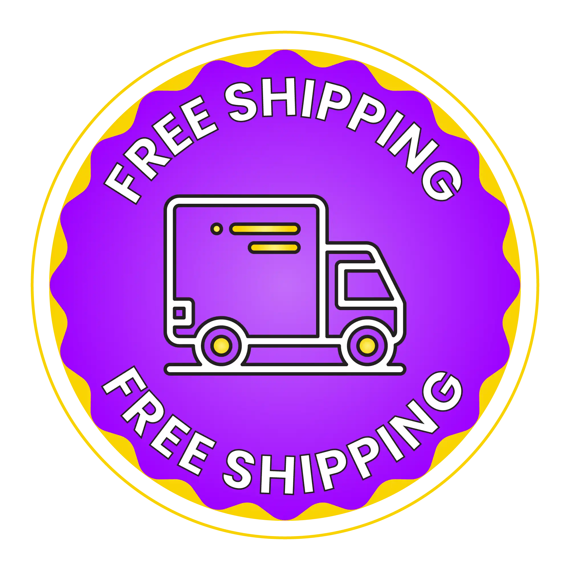 Circular purple and yellow badge with a delivery truck icon and ’FREE SHIPPING’ text.