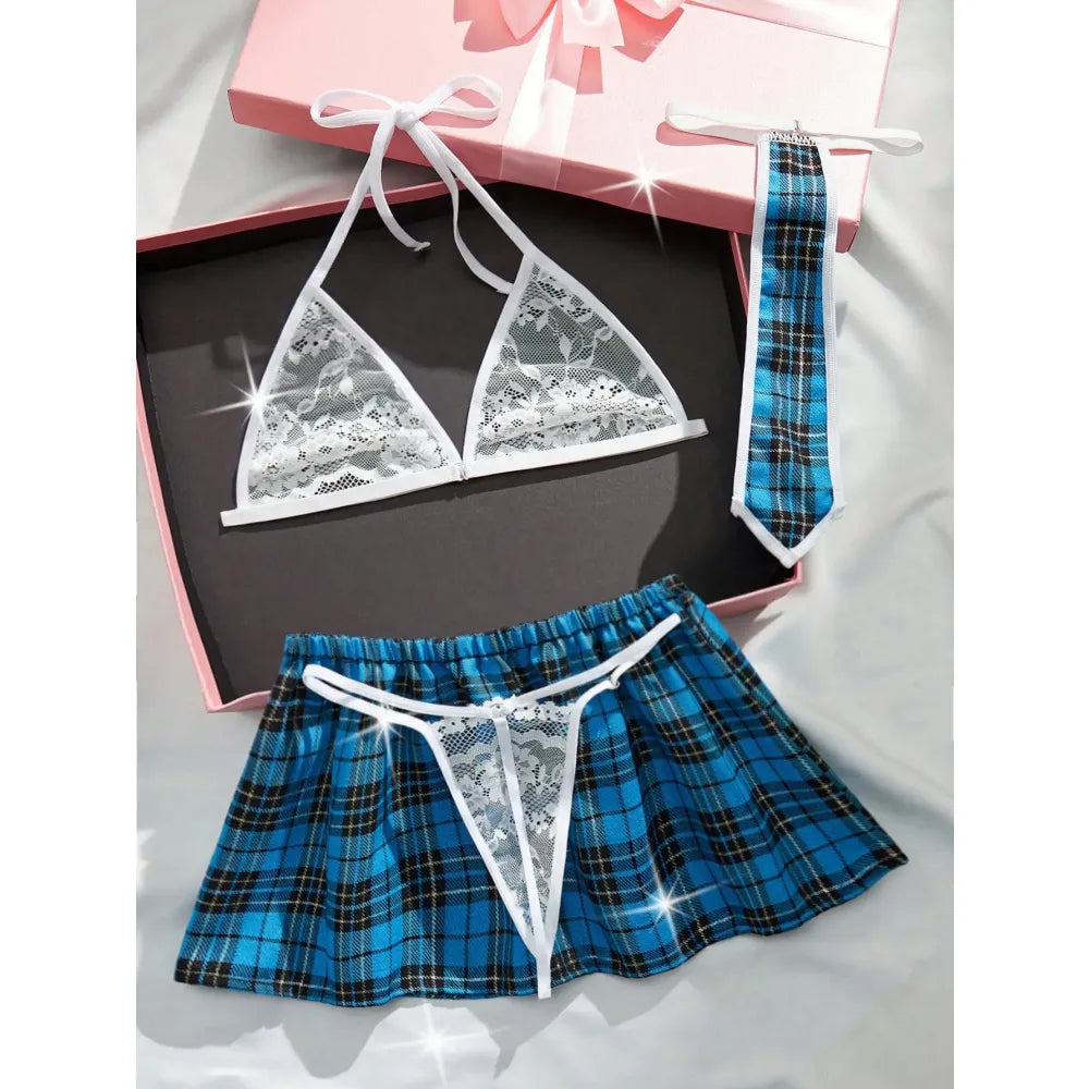 Flirty Plaid Schoolgirl Set Bralette Skirt Tie