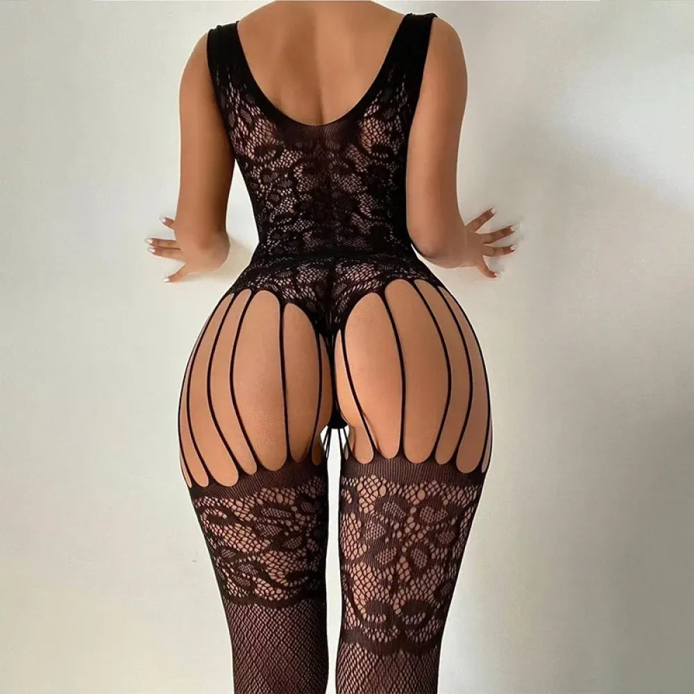 Floral Print Crotchless Lingerie High Mesh Tights