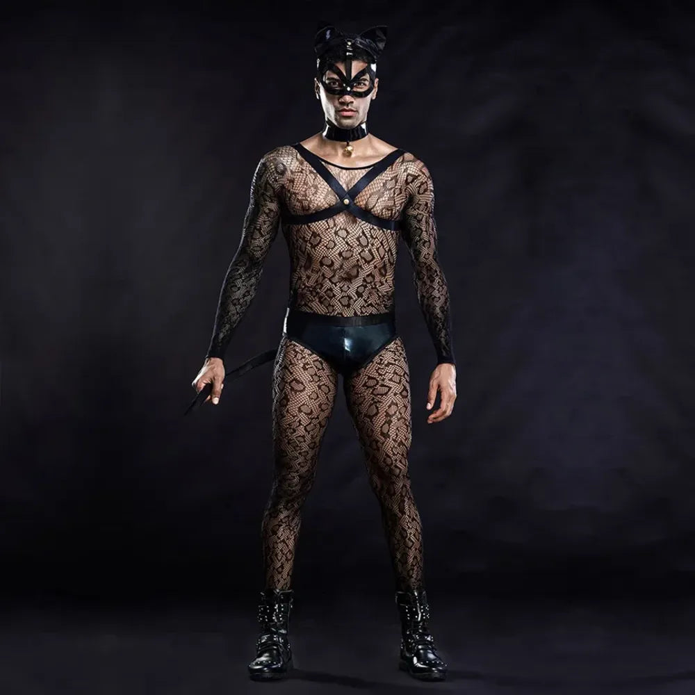 Men Fishnet Bodysuit & Lingerie Set Alluring Cat Cosplay