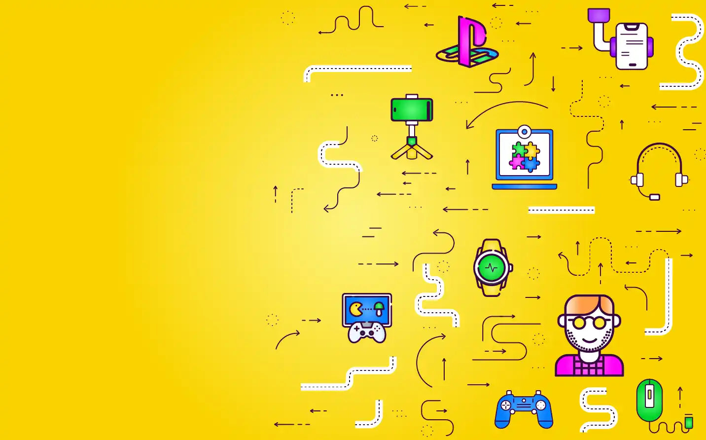 Playful illustration of gaming and technology icons connected by curvy lines on a yellow backdrop.