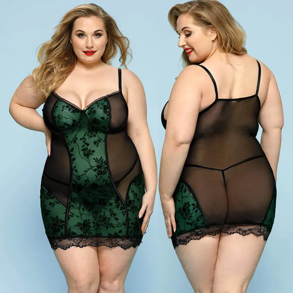 Plus Size Faux Leather Lingerie Dress Embroidered Sleepwear