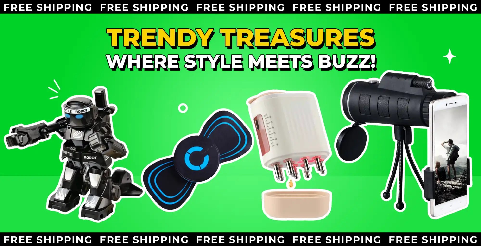 Promotional banner for ’Trendy Treasures’ featuring tech gadgets and accessories with a free shipping offer.